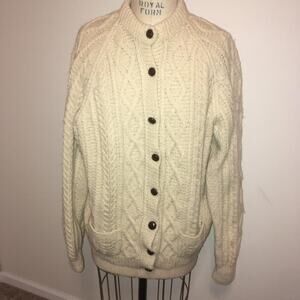 Vtg Blarney Woollen Aran Knit Cream Cardigan Ireland Irish Fisherman Sweater L